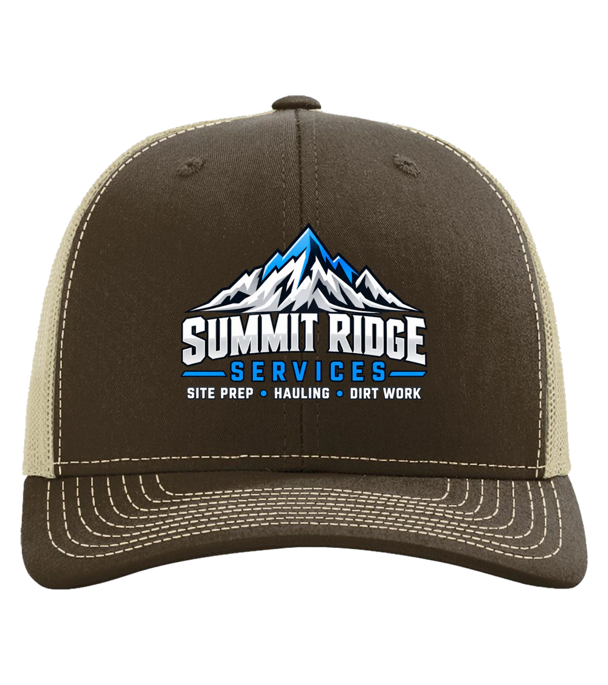 front preview of Summit Ridge Services Hat on Brown / Khaki classic trucker hat