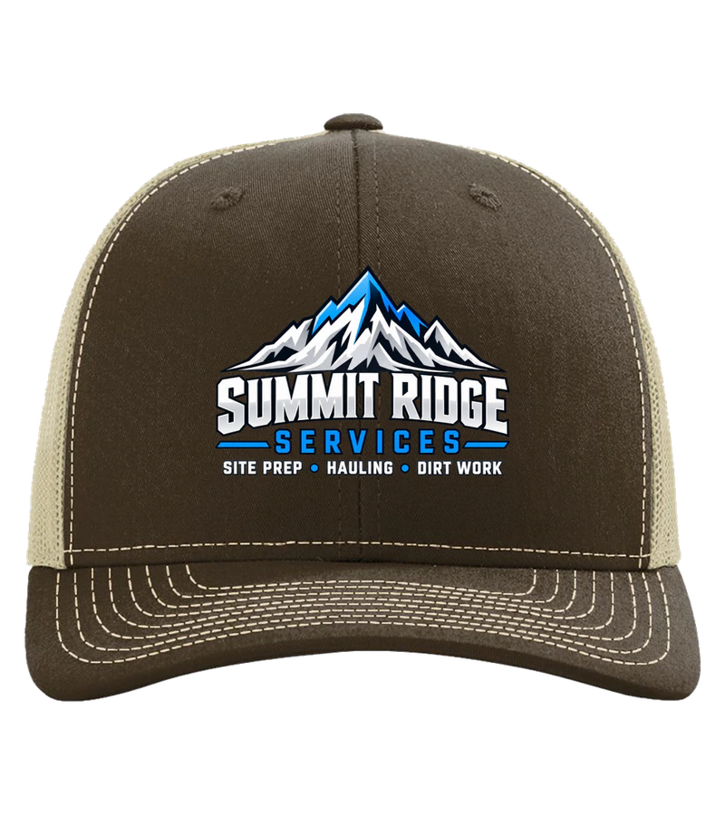 front view of Summit Ridge Services Hat on Brown / Khaki Richardson 112 Trucker Hat