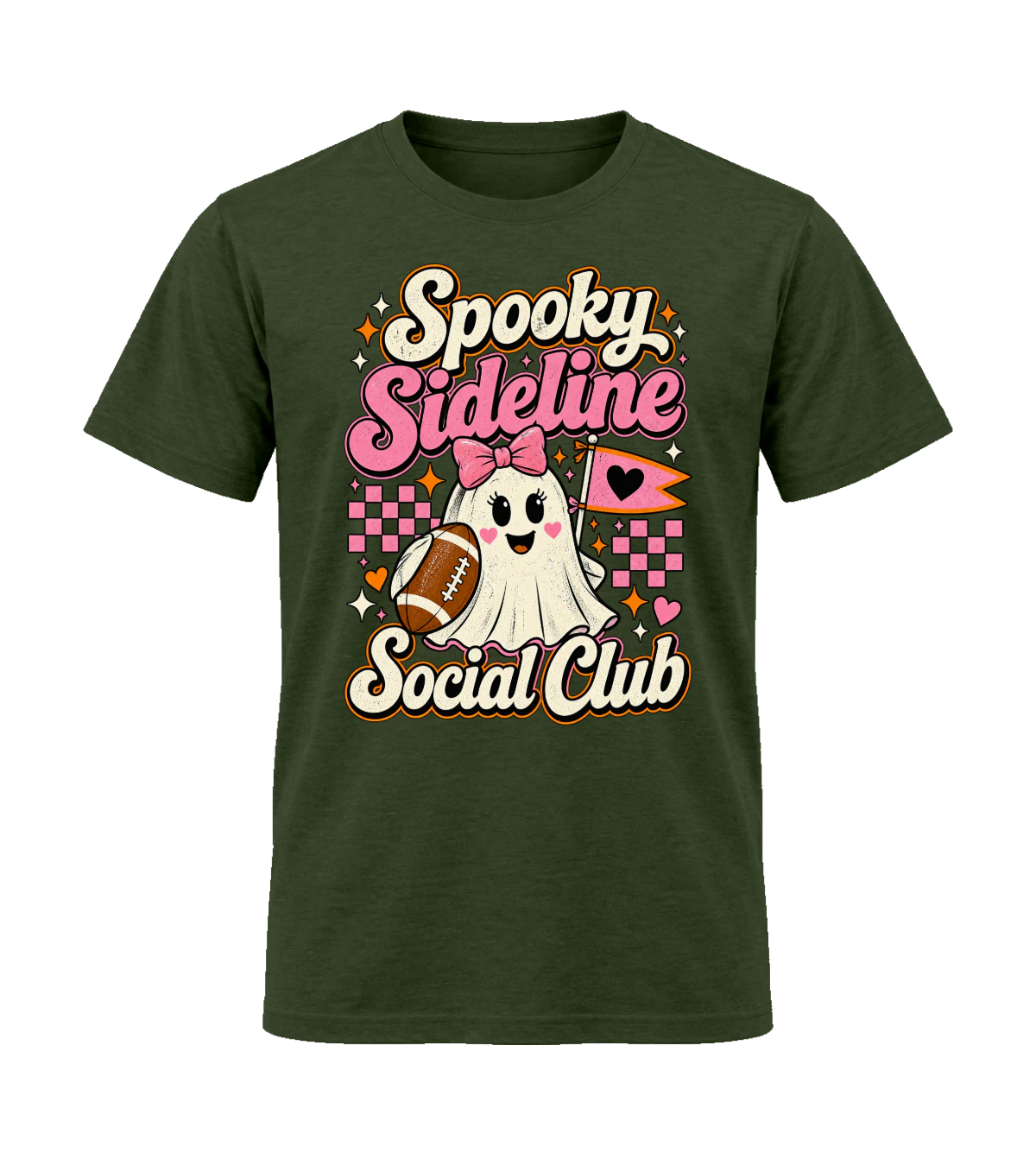 front preview of Spooky Sideline Social Club on Military Green T-shirt