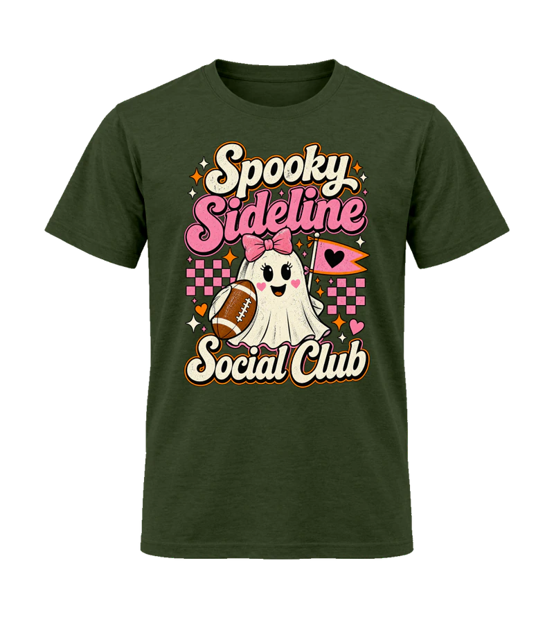 front view of Spooky Sideline Social Club on Military Green Gildan 64000 Softstyle Shirt