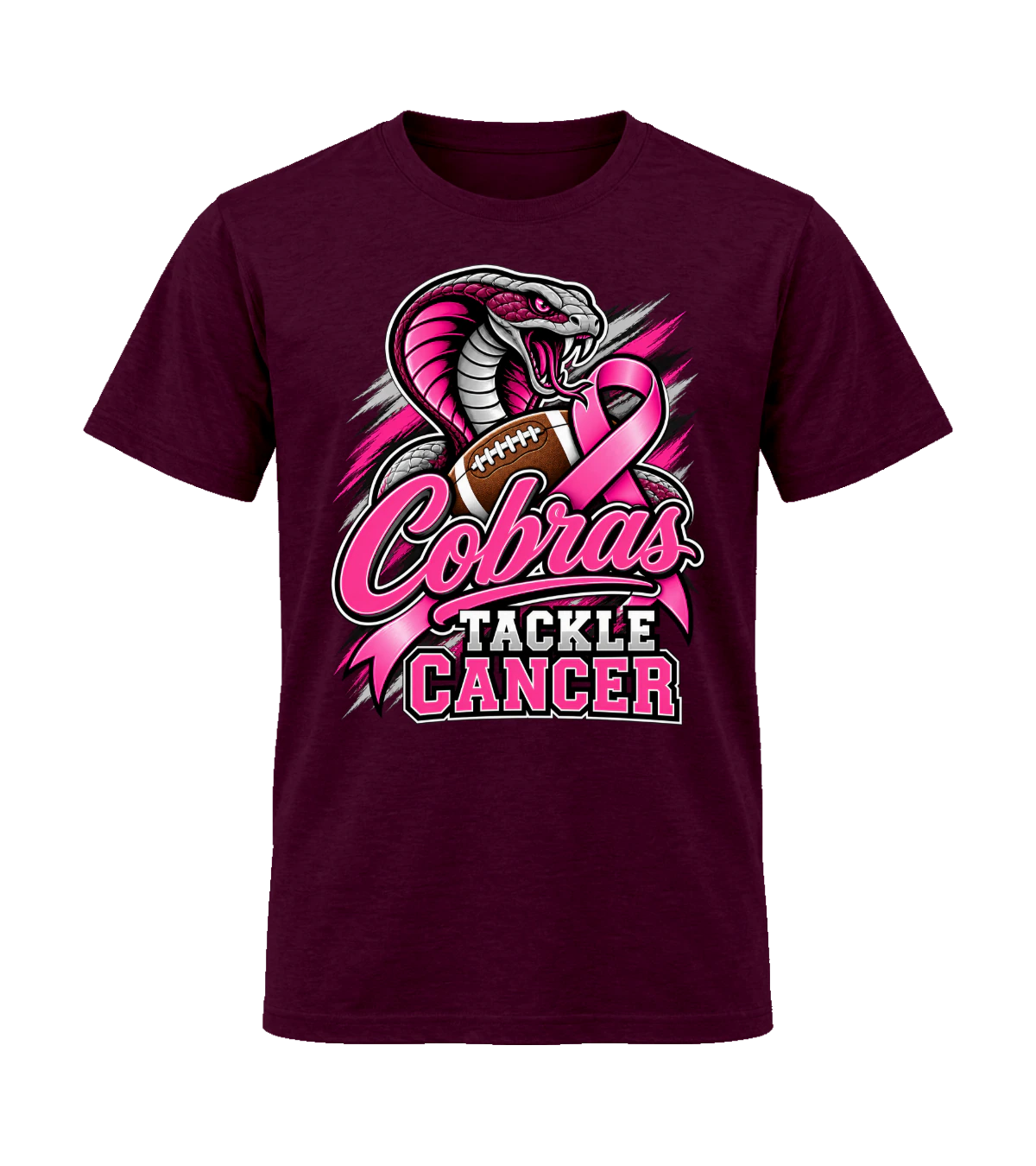 front preview of Cobras Tackle Cancer on Maroon T-shirt