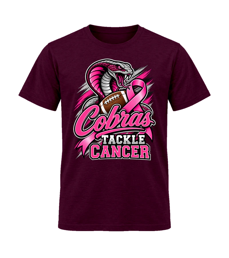 front view of Cobras Tackle Cancer on Maroon Gildan 64000 Softstyle Shirt