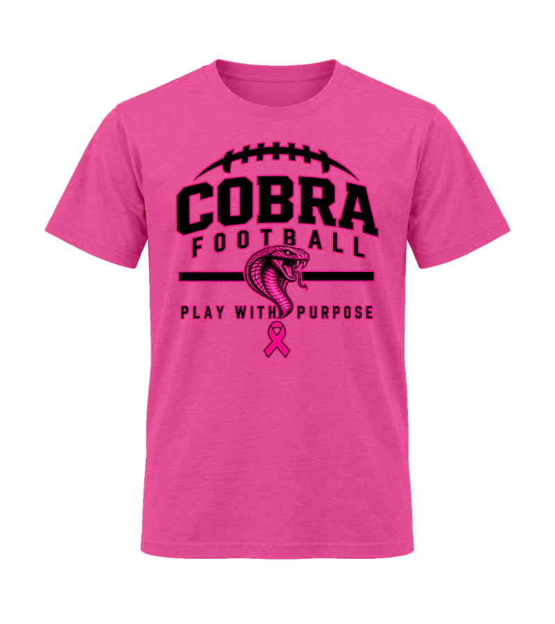 front view of Cobra Football Play With Purpose on Heliconia Gildan 64000 Softstyle Shirt