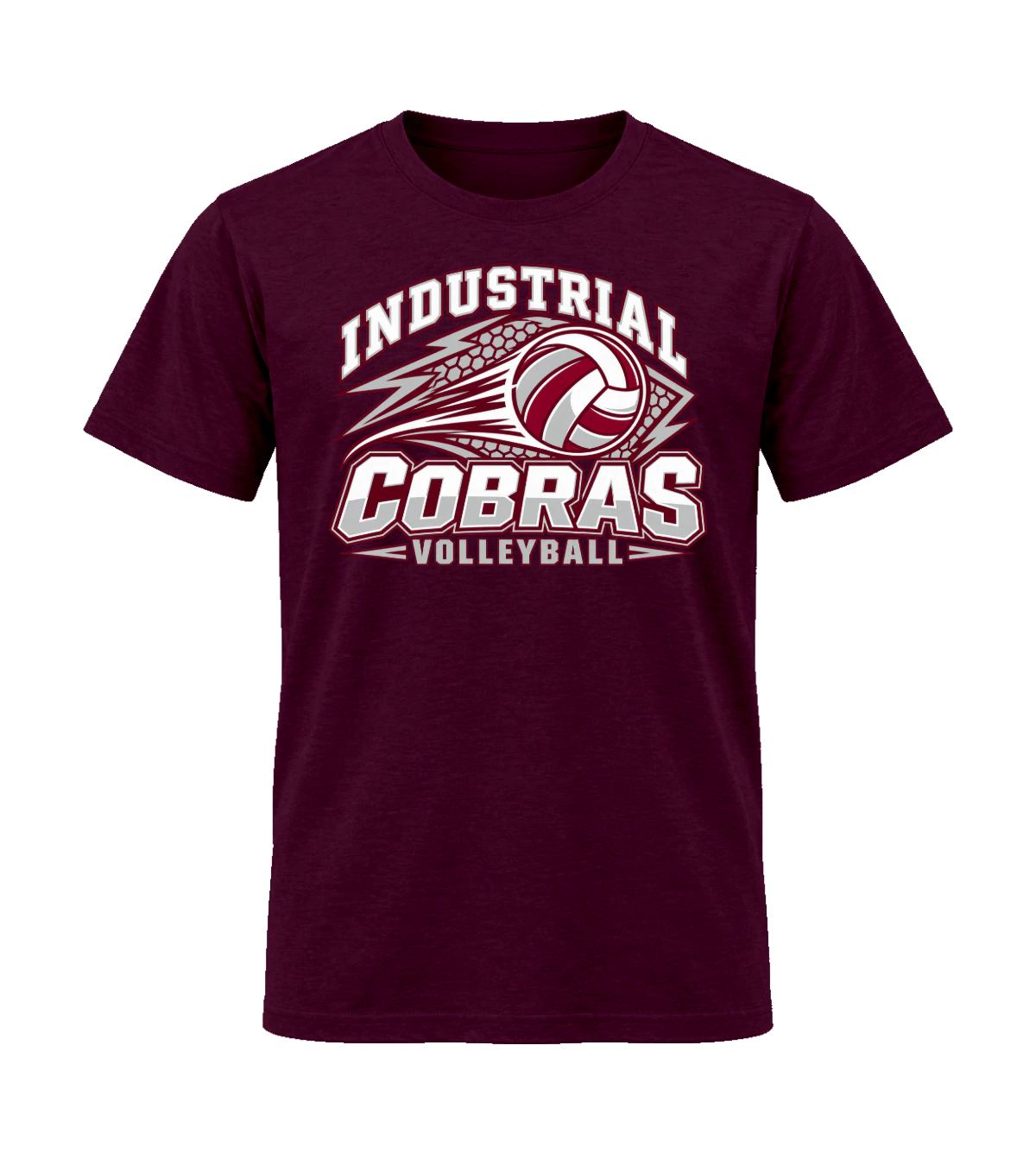 front preview of Industrial Cobras Volleyball on Maroon T-shirt