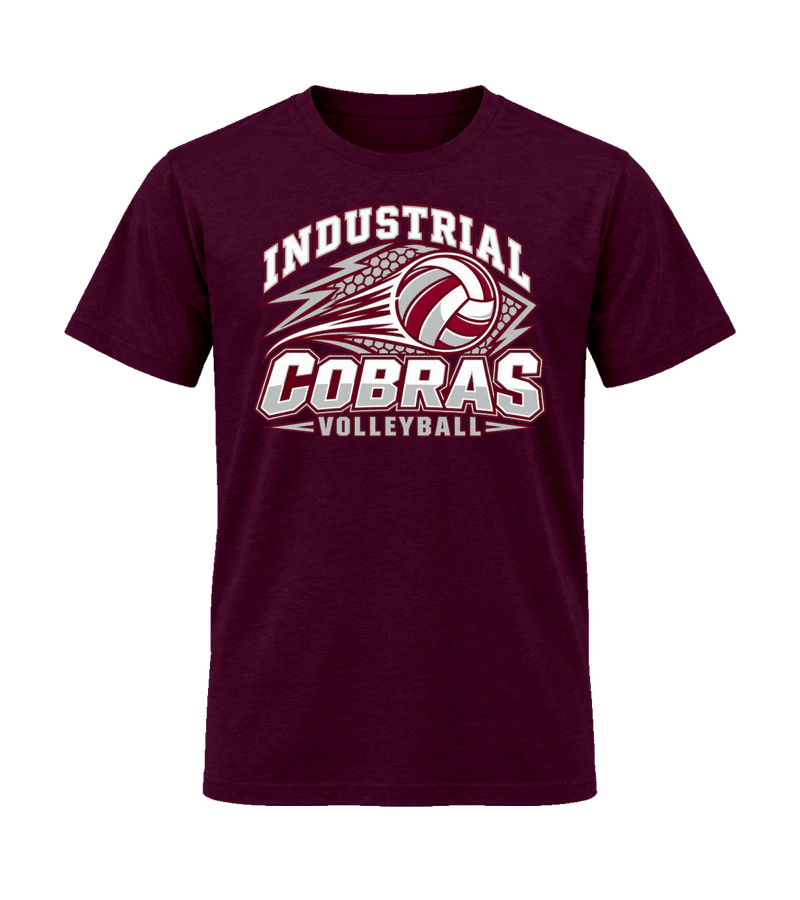 front view of Industrial Cobras Volleyball on Maroon Gildan 64000 Softstyle Shirt