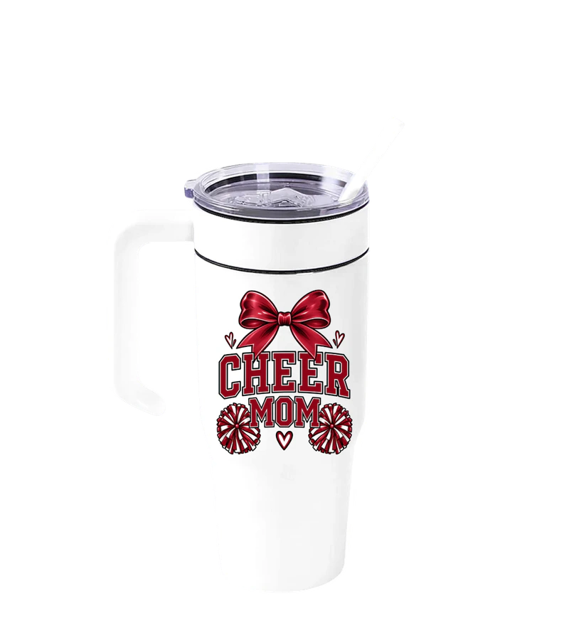 front view of Cheer Mom Tumbler on White MakerFlo 30 oz Powder Coated MakerTwist Tumbler
