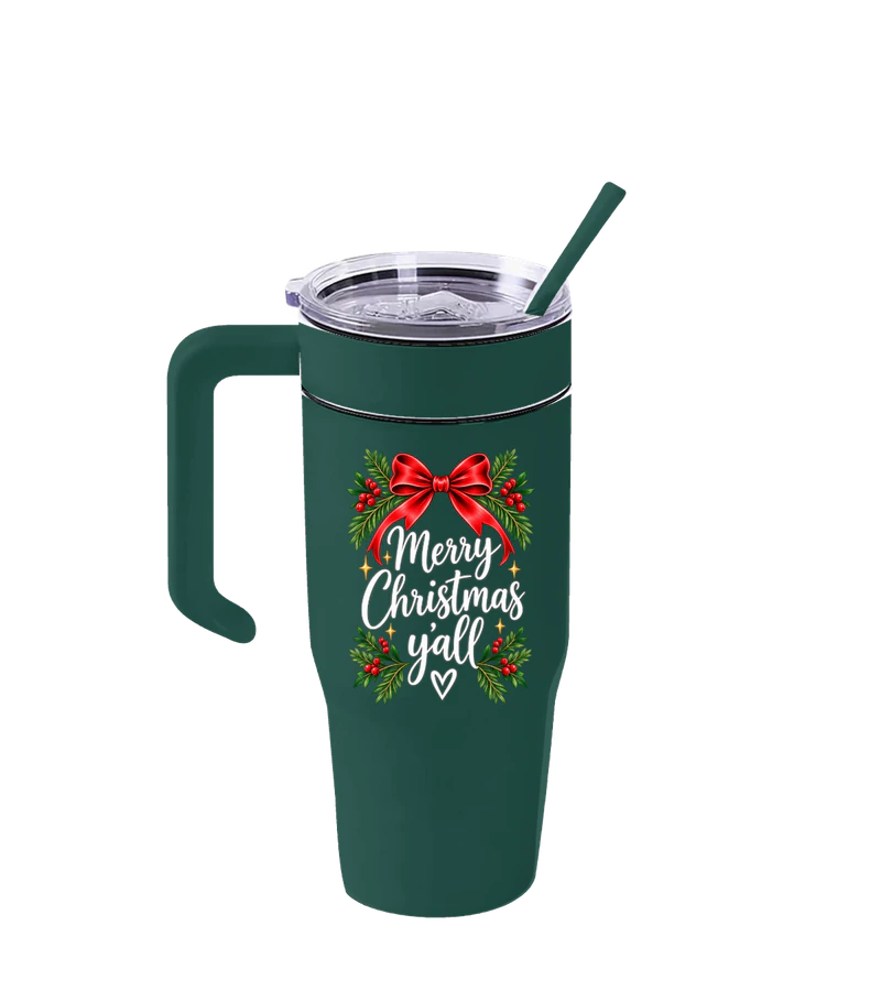 front view of Merry Christmas Y'all Tumbler on Green MakerFlo 30 oz Powder Coated MakerTwist Tumbler
