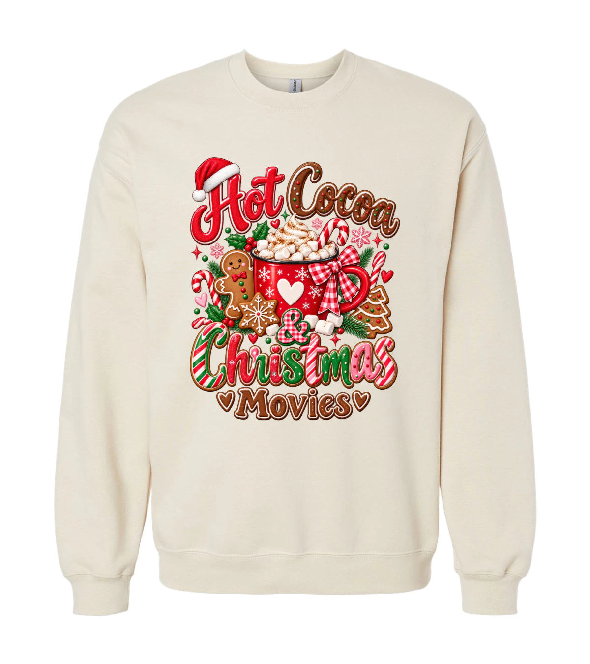 front preview of Hot Cocoa & Christmas Movies on Sand Crewneck sweatshirt