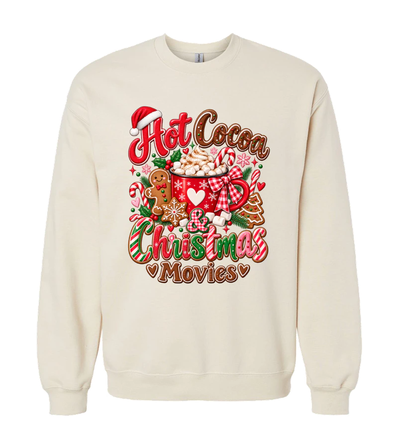 front view of Hot Cocoa & Christmas Movies on Sand Gildan SF000 Softstyle Midweight Crewneck Sweatshirt