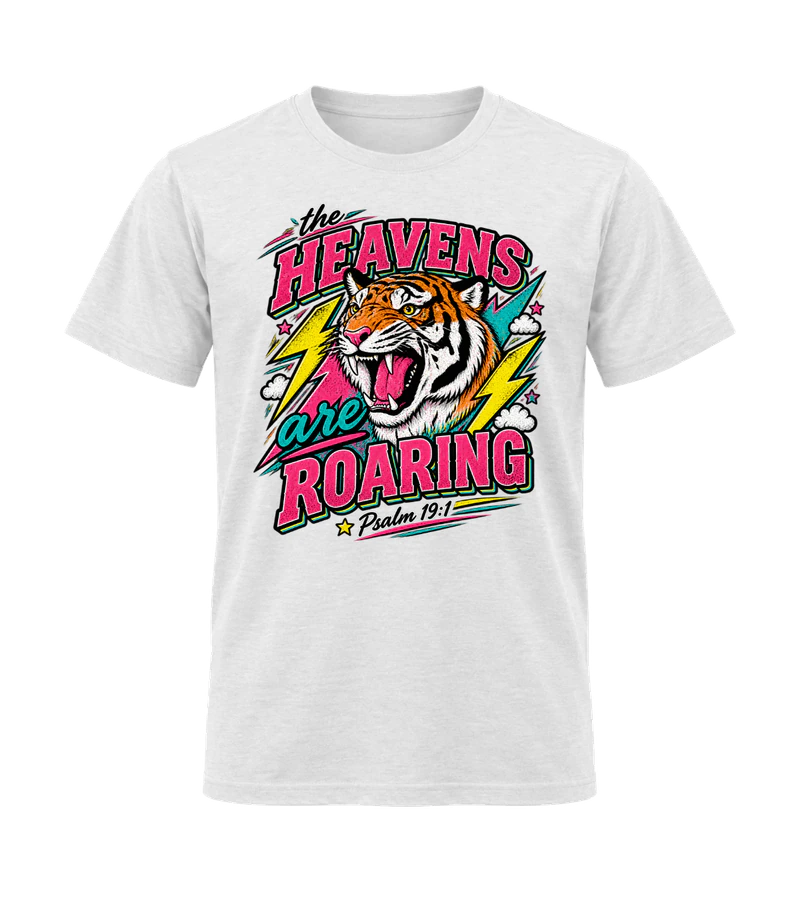 front view of Heaven's Are Roaring on White Gildan 64000 Softstyle Shirt