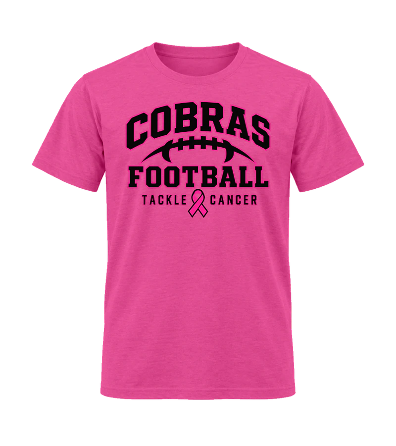 front view of Cobras Football Tackle Cancer on Heliconia Gildan 64000 Softstyle Shirt
