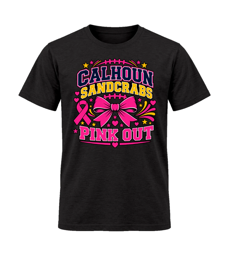 front view of Calhoun Sandcrabs Pink Out on Black Gildan 64000 Softstyle Shirt