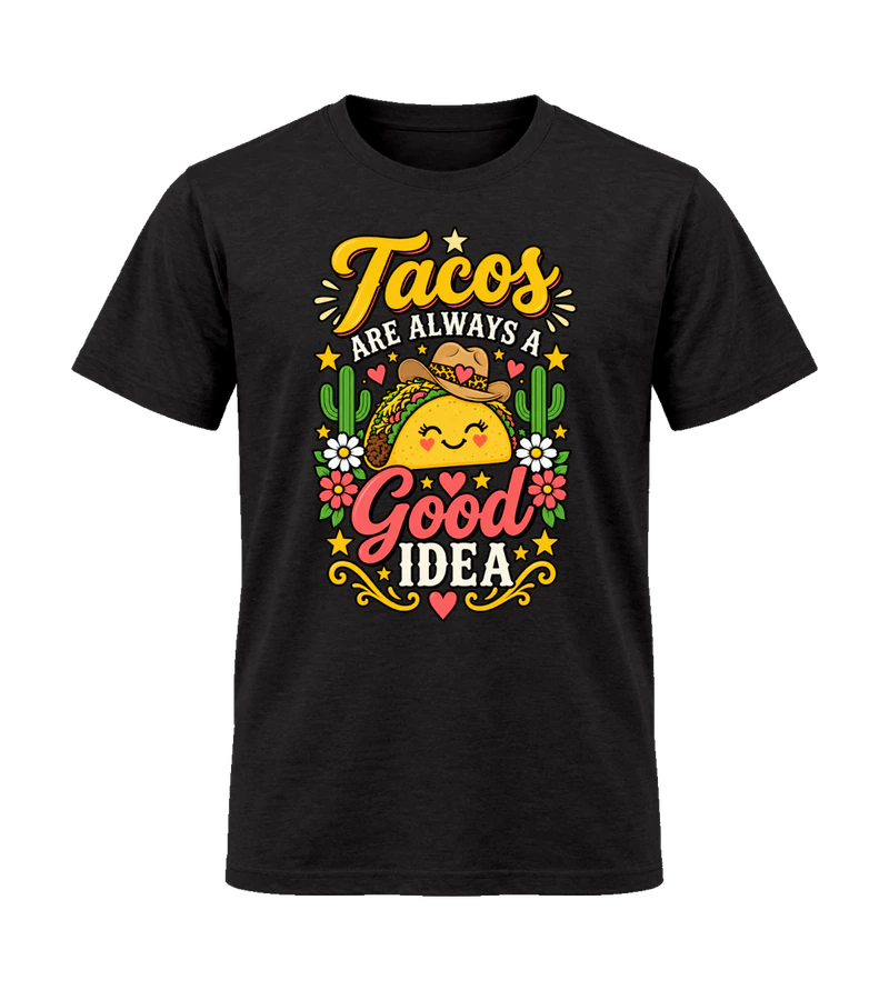 front view of Tacos Are Always A Good Idea on Black Gildan 64000 Softstyle Shirt