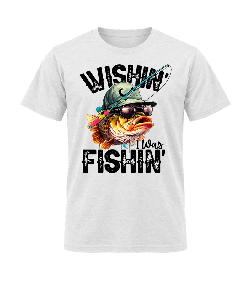 front view of Wishin I was Fishin on White Gildan 64000 Softstyle Shirt