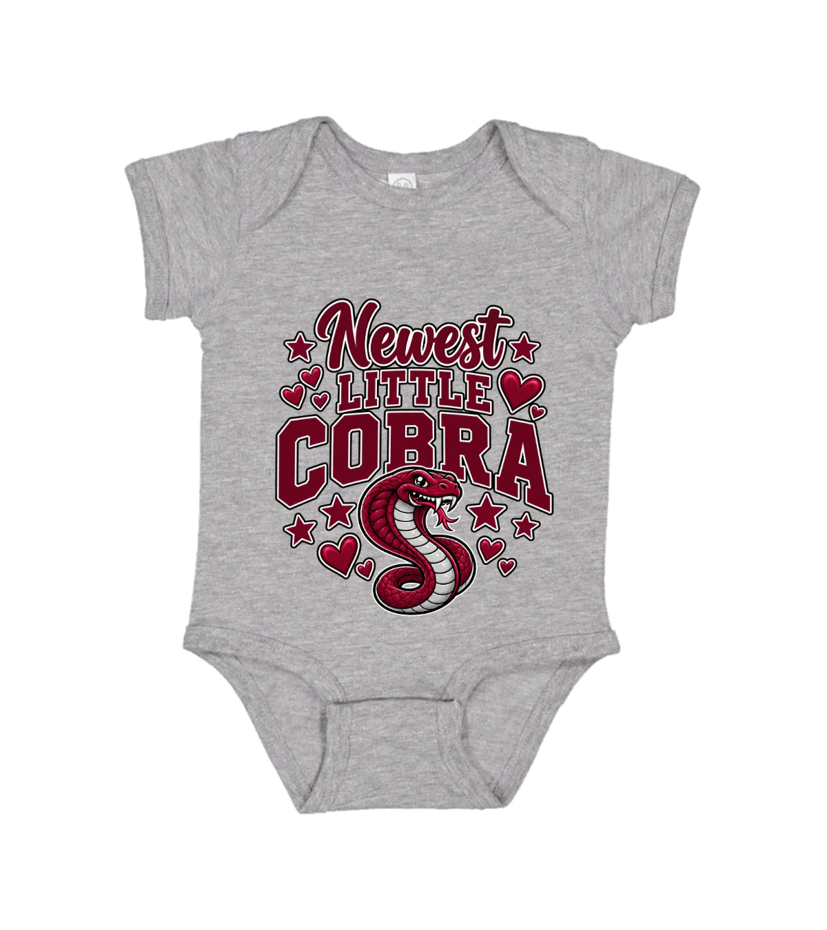 front preview of Newest Little Cobra Onesie on Heather Infant bodysuit