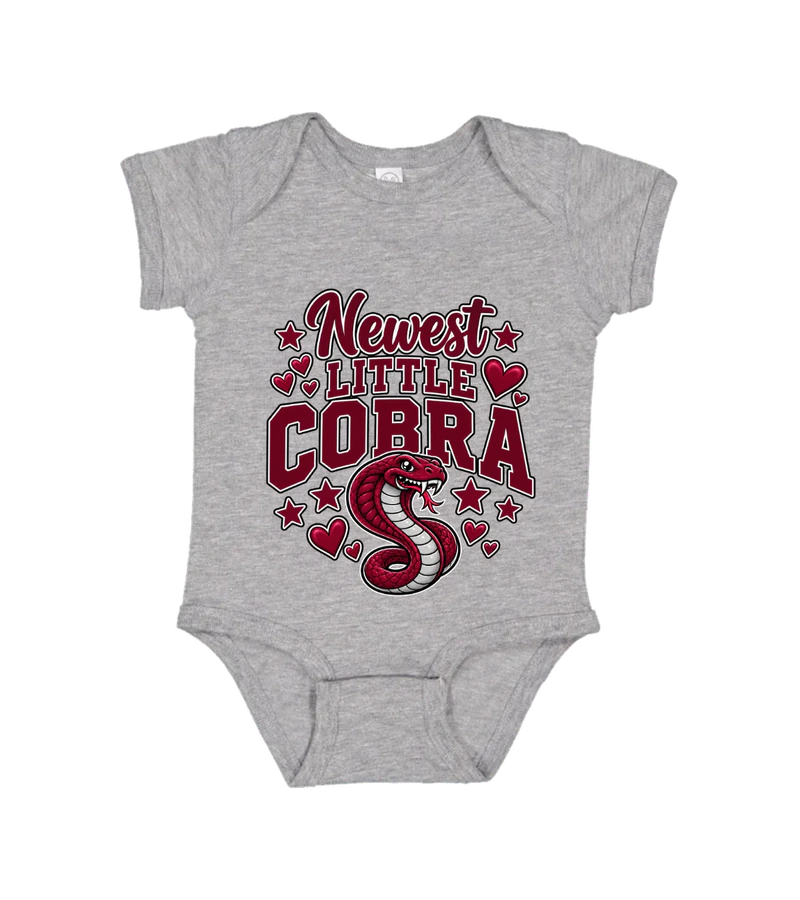 front view of Newest Little Cobra Onesie on Heather Rabbit Skins 4424 Infant Fine Jersey Bodysuit