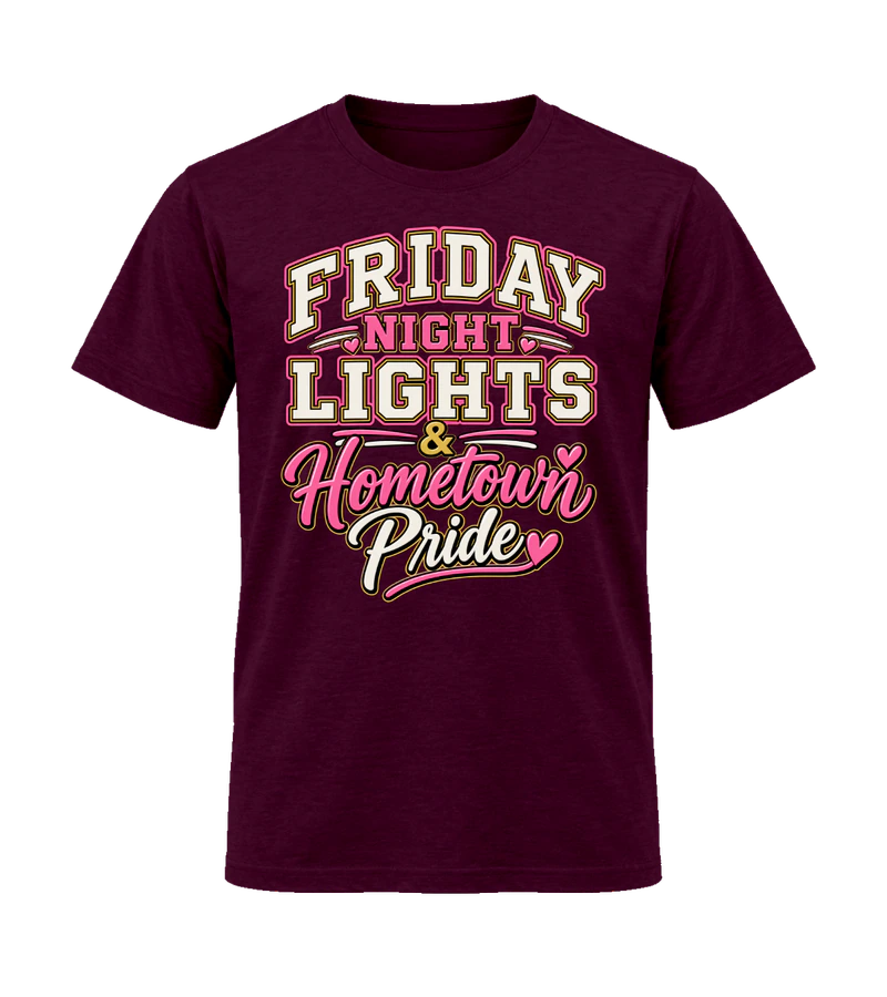 front view of Friday Night Lights & Hometown Pride on Maroon Gildan 64000 Softstyle Shirt