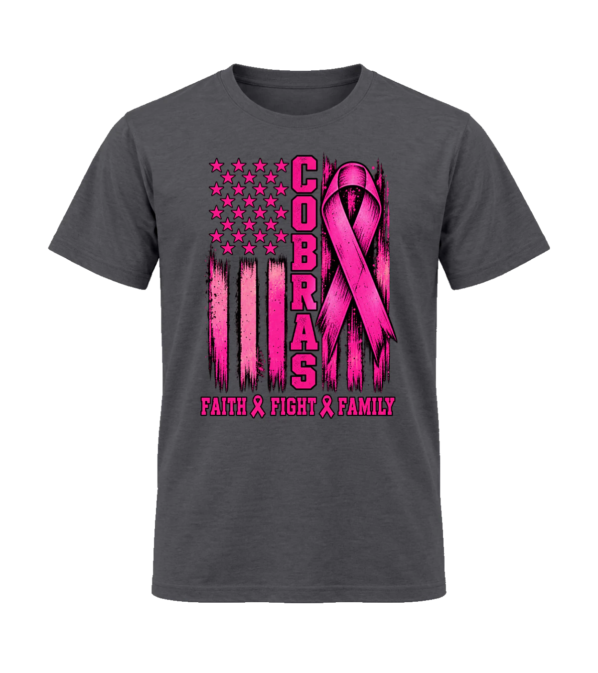 front preview of Cobras Faith, Faith, Family on Heather Dark Grey T-shirt