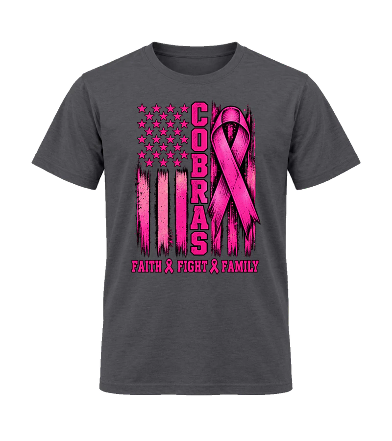 front view of Cobras Faith, Faith, Family on Heather Dark Grey Gildan 64000 Softstyle Shirt