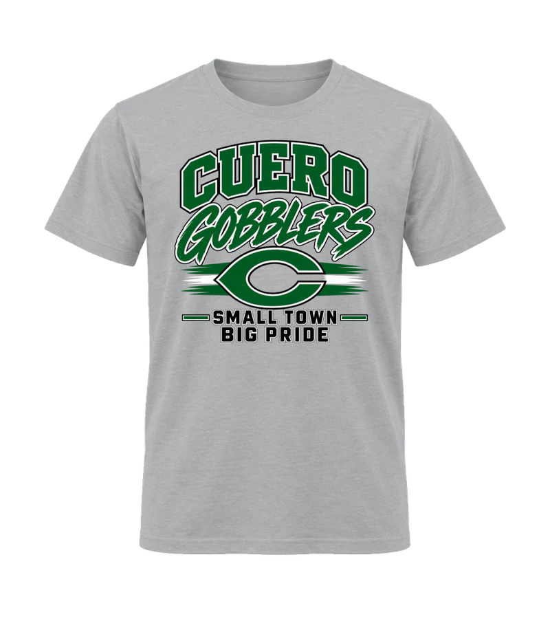 front view of Cuero Gobblers Small Town Big Pride on Sport Gray Gildan 64000 Softstyle Shirt