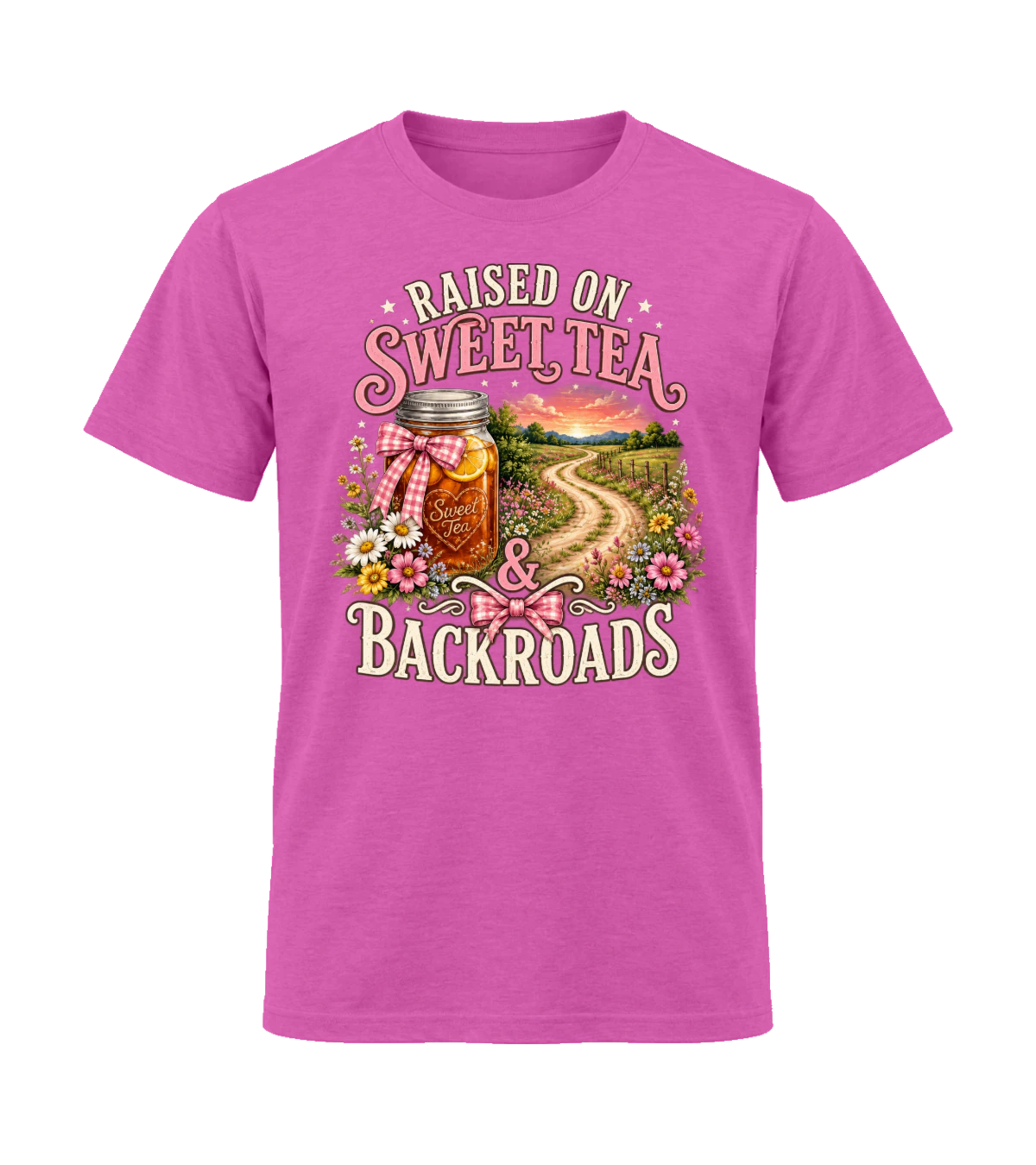front preview of Raised on Sweet Tea & Backroads on Heather Berry T-shirt