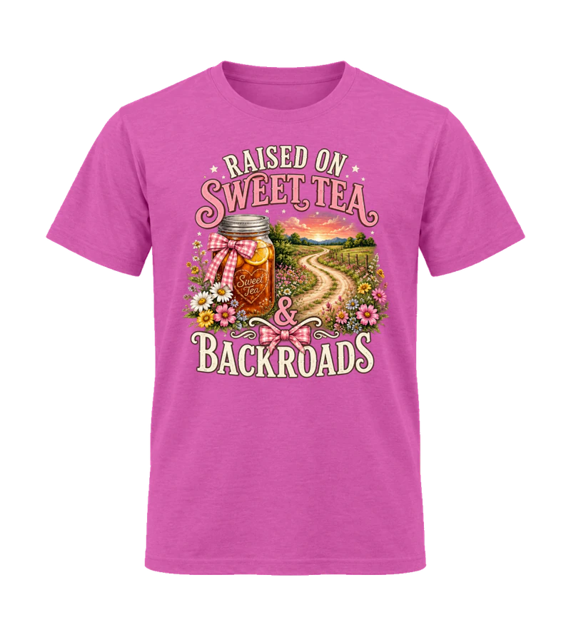 front view of Raised on Sweet Tea & Backroads on Heather Berry Gildan 64000 Softstyle Shirt