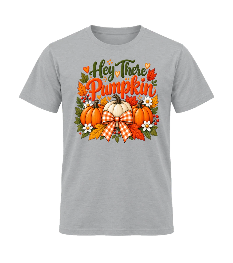 front view of Hey There Pumpkin on Sport Gray Gildan 64000 Softstyle Shirt