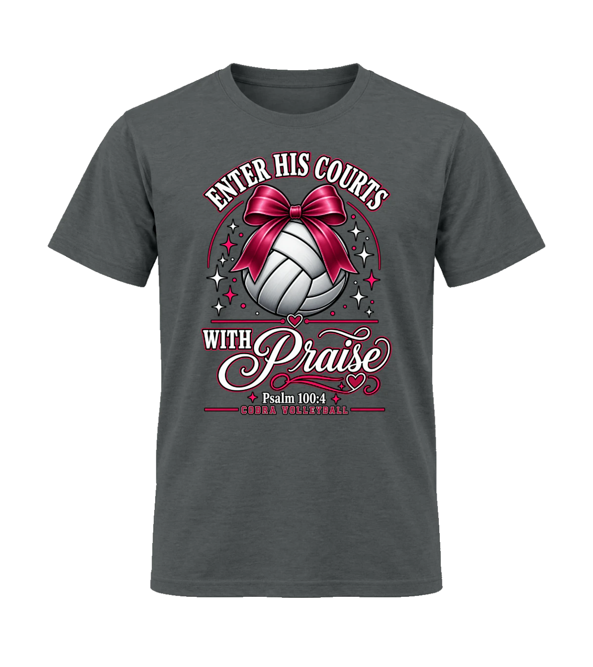 front preview of Enter His Courts With Praise (Volleyball) on Charcoal T-shirt