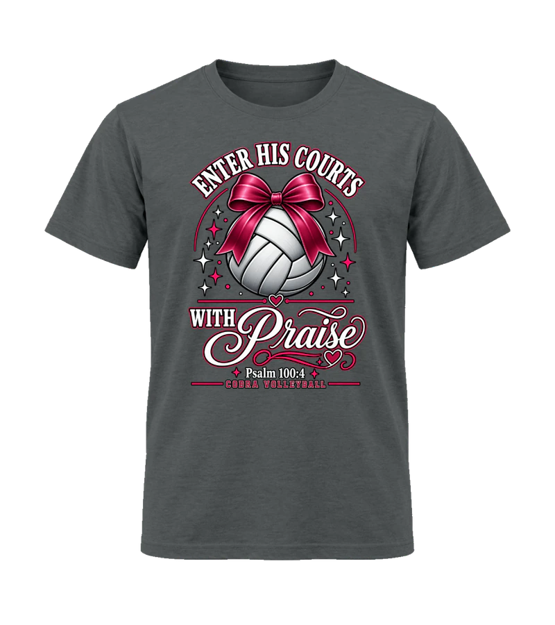 front view of Enter His Courts With Praise (Volleyball) on Charcoal Gildan 64000 Softstyle Shirt