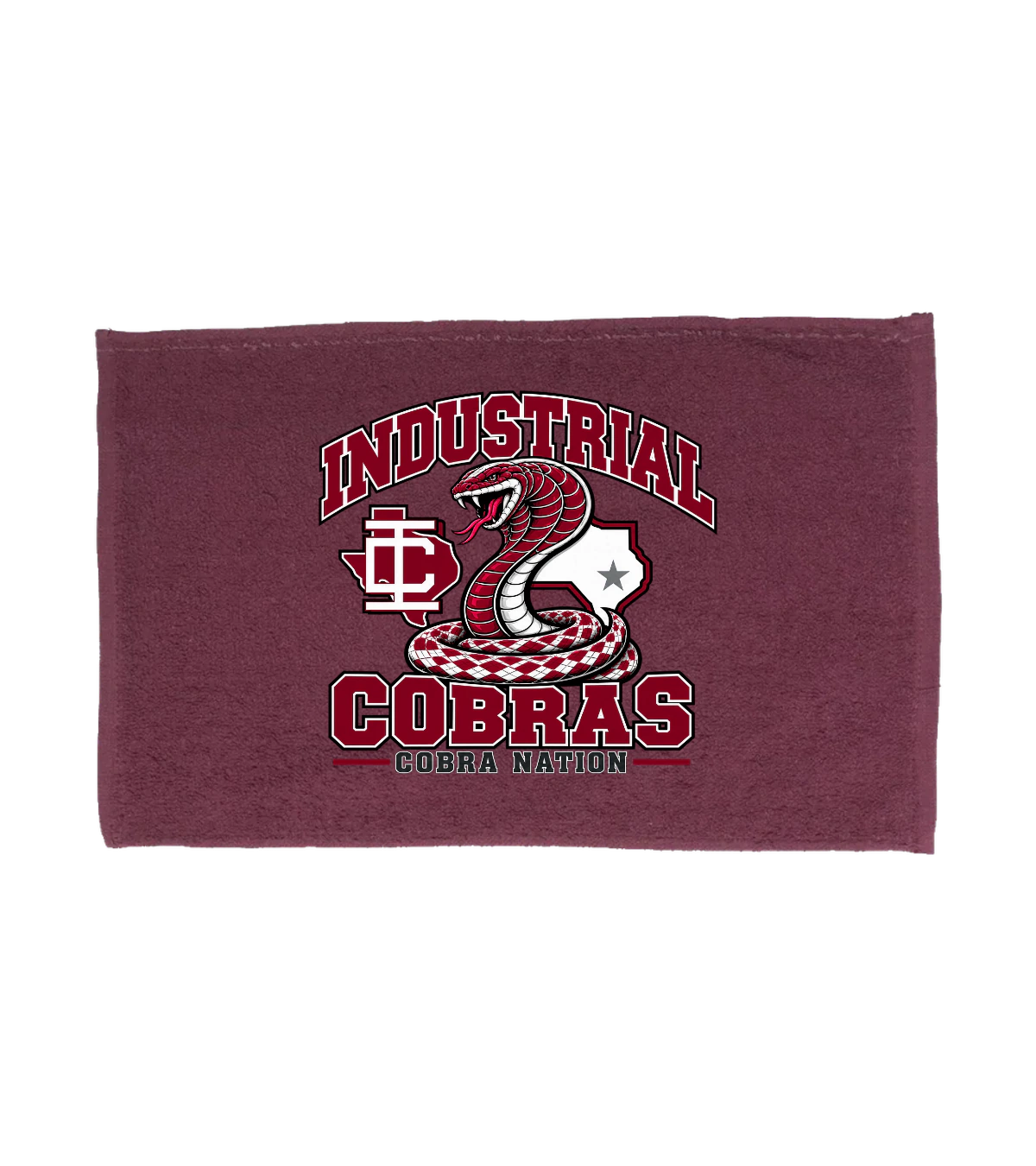front preview of Industrial Cobras Rally Towel (Cobra Nation) on Maroon Rally towel