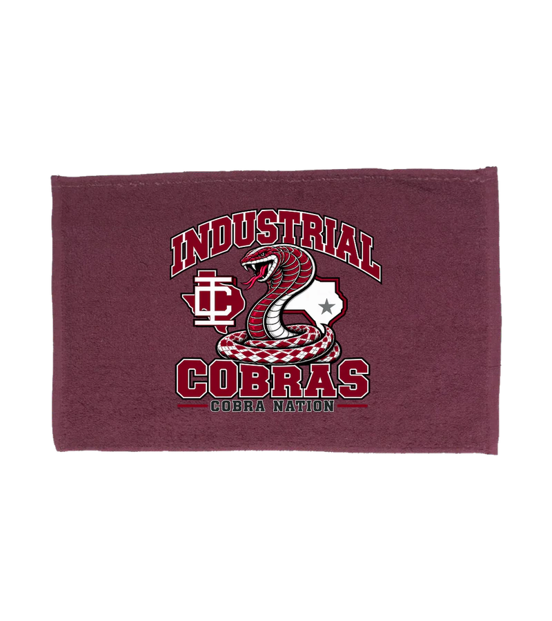 front view of Industrial Cobras Rally Towel (Cobra Nation) on Maroon Q-Tees T18J1 Budget Rally Towel