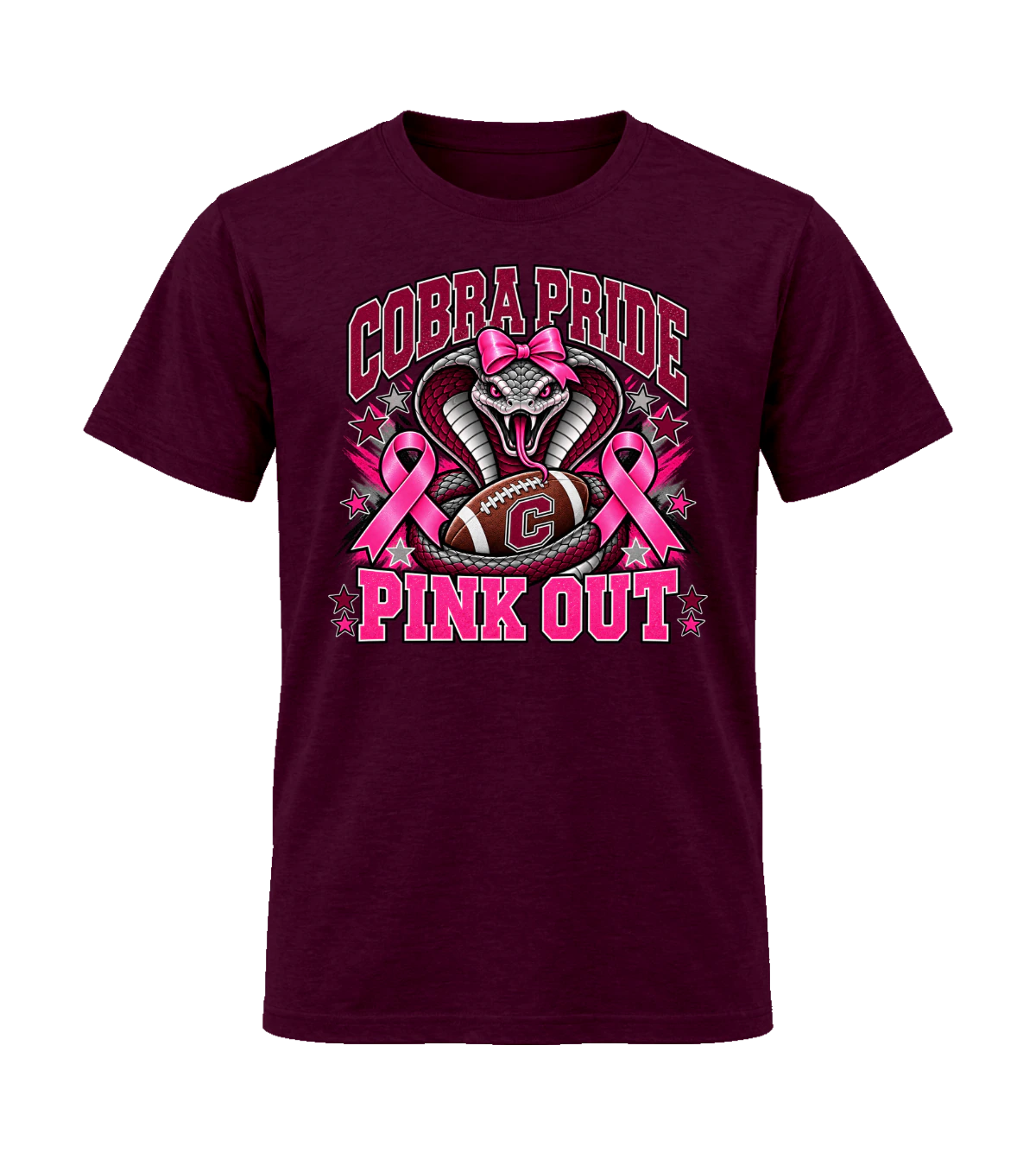 front preview of Cobra Pride Pink Out on Maroon T-shirt
