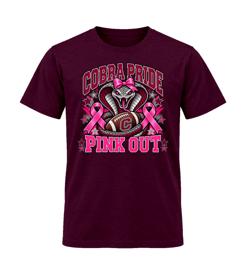front view of Cobra Pride Pink Out on Maroon Gildan 64000 Softstyle Shirt