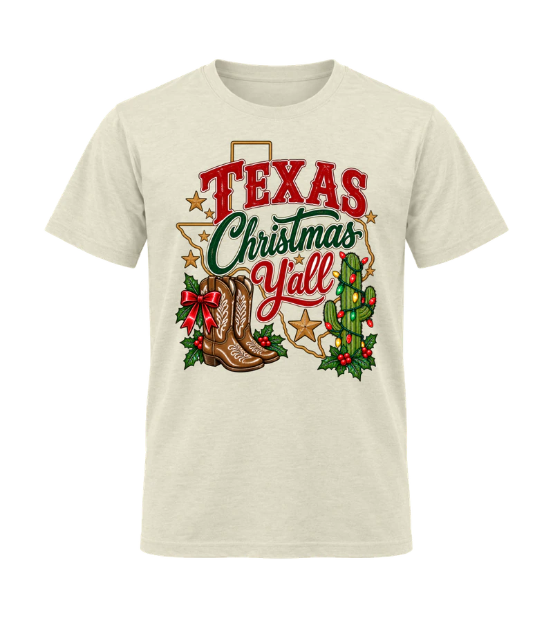 front view of Texas Christmas Y’all on Off White Gildan 64000 Softstyle Shirt
