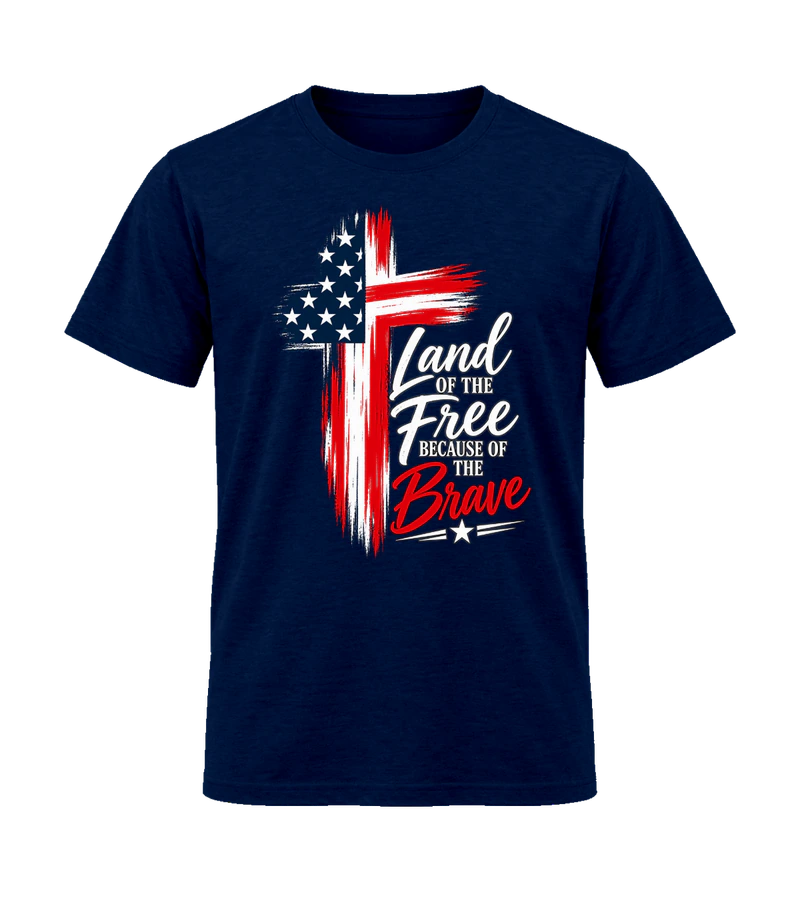 front view of Land Of The Free Home Of The Brave on Navy Gildan 64000 Softstyle Shirt