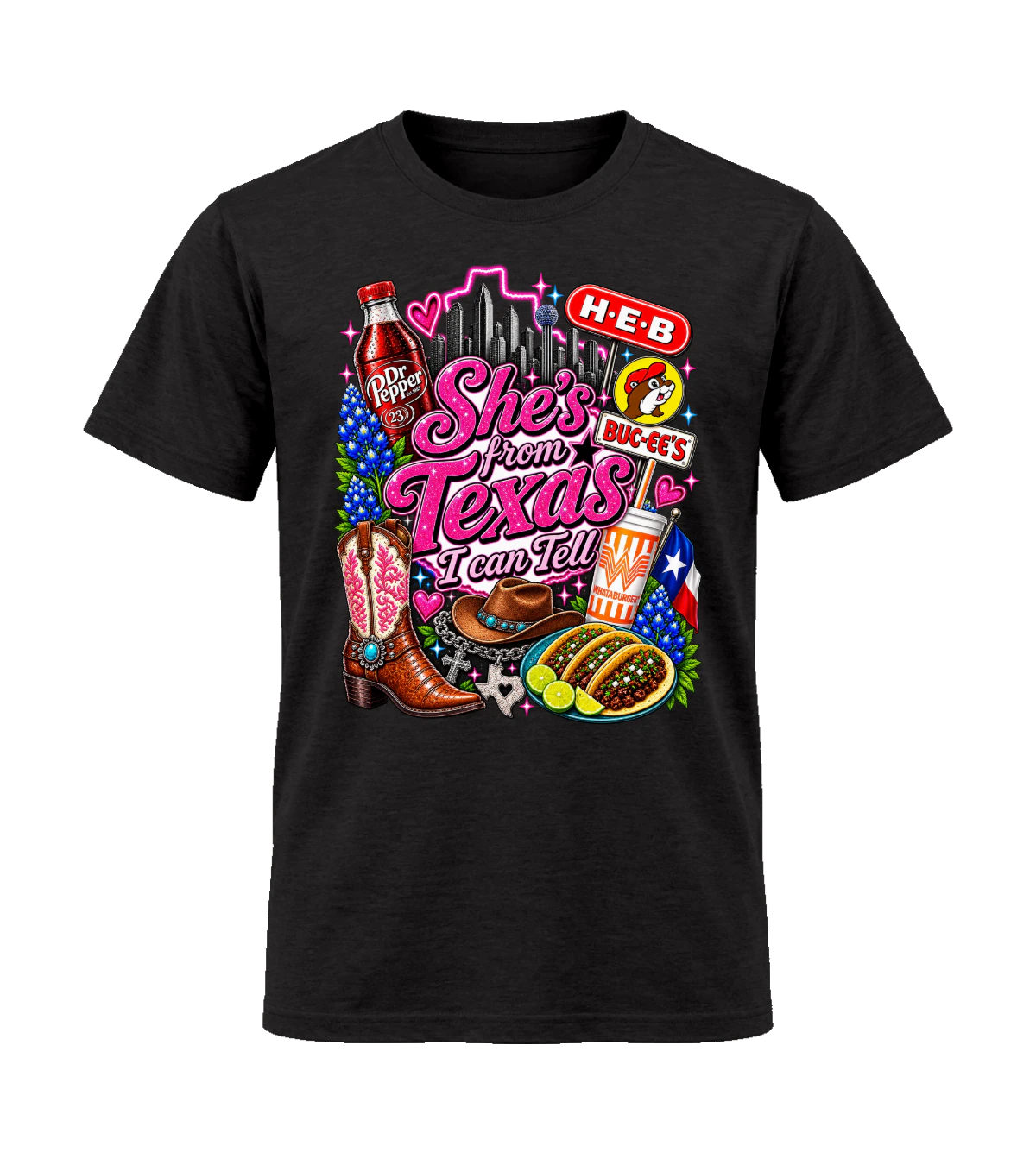 front preview of She's From Texas I Can Tell on Black T-shirt