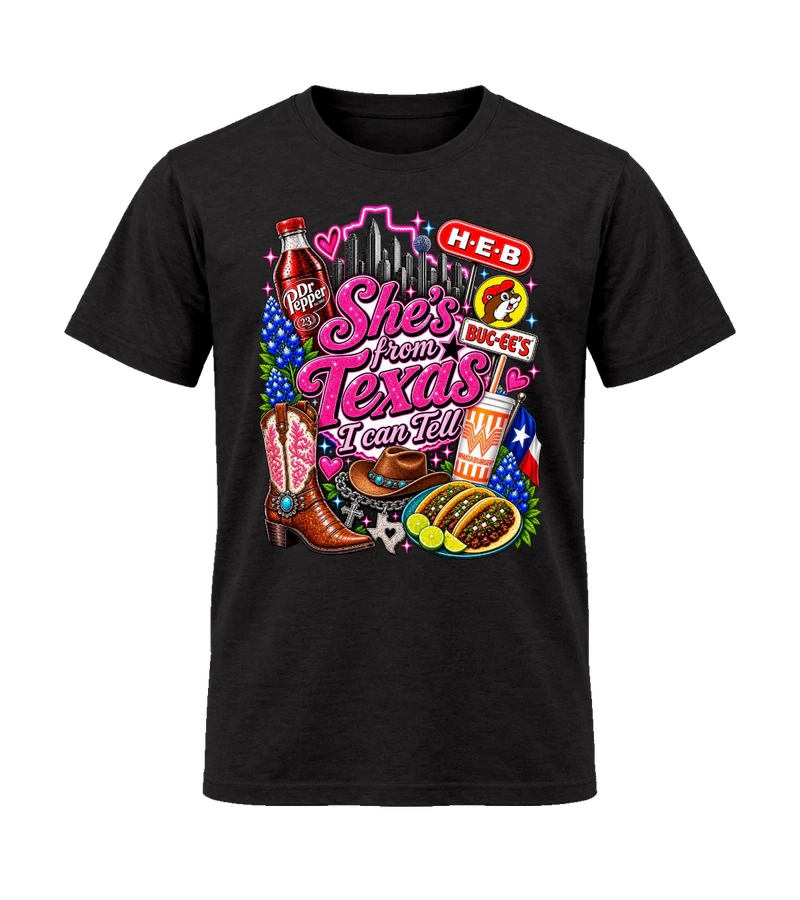 front view of She's From Texas I Can Tell on Black Gildan 64000 Softstyle Shirt