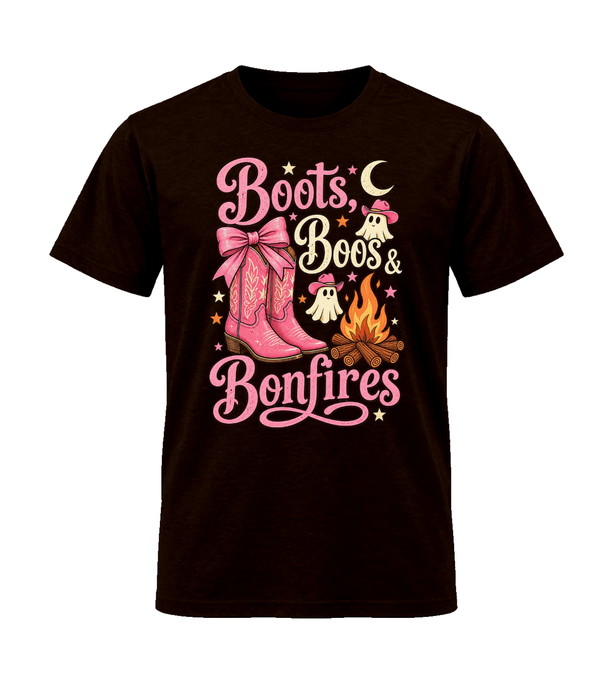 front preview of Boots, Boos & Bonfires on Dark Chocolate T-shirt
