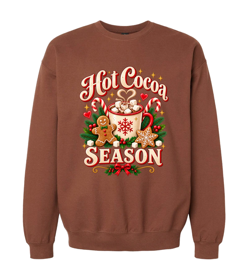front view of Hot Cocoa Season on Cocoa Gildan SF000 Softstyle Midweight Crewneck Sweatshirt