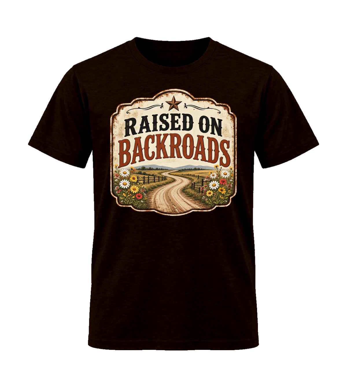 front preview of Raised on Backroads on Dark Chocolate T-shirt