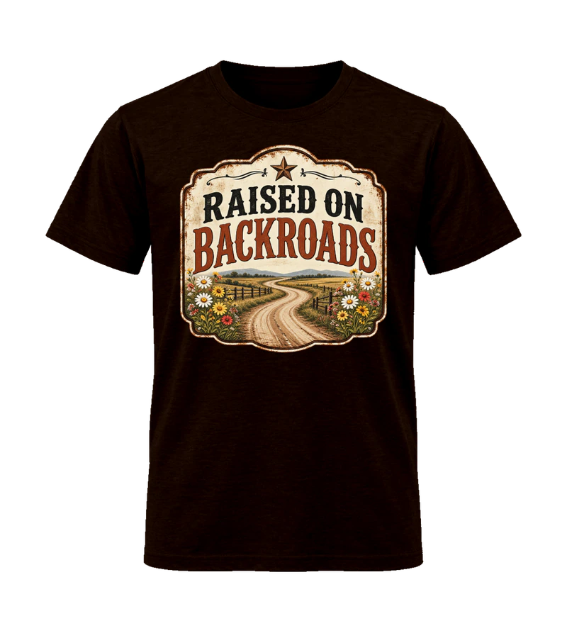 front view of Raised on Backroads on Dark Chocolate Gildan 64000 Softstyle Shirt