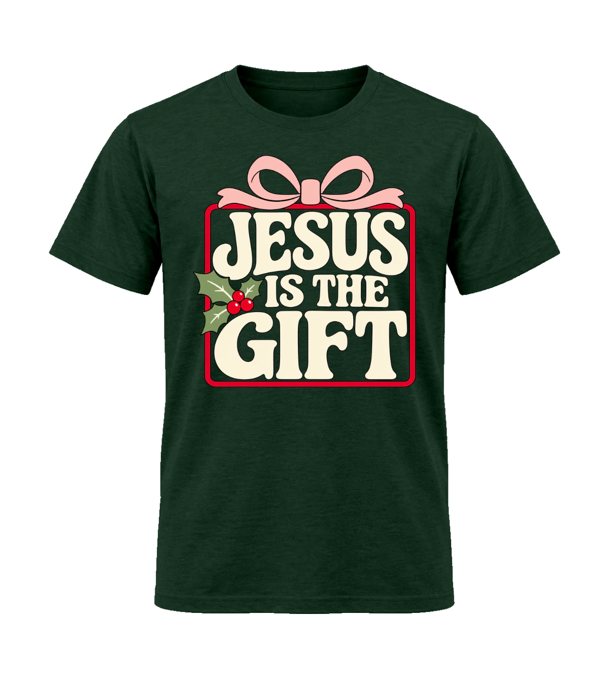 front preview of Jesus Is The Gift on Fan Dark Green T-shirt