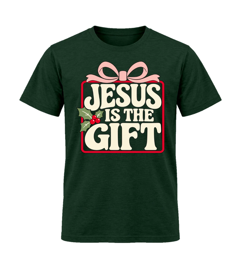 front view of Jesus Is The Gift on Fan Dark Green Gildan 64000 Softstyle Shirt