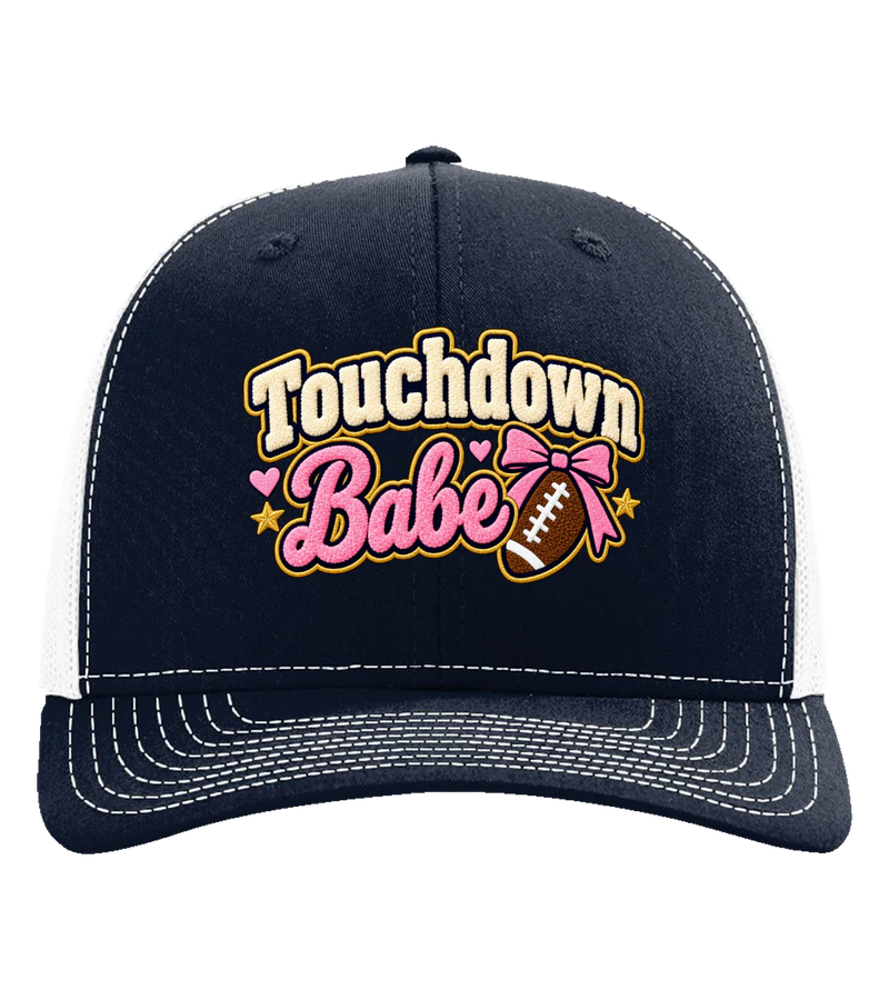 front view of Touchdown Babe Hat on Navy / White Richardson 112 Trucker Hat