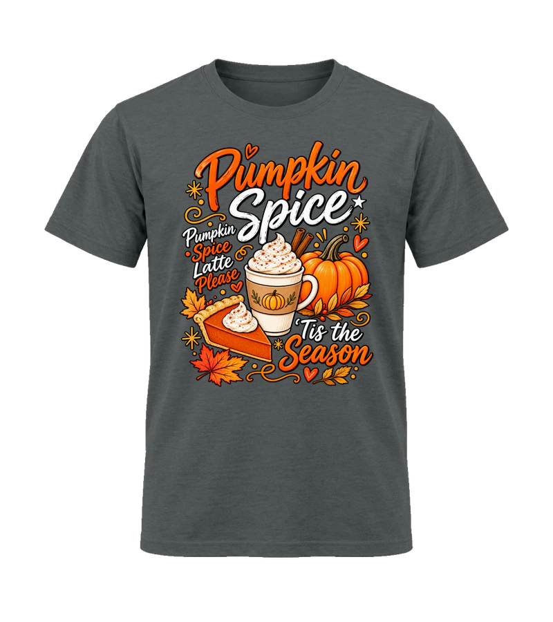 front view of Pumpkin Spice Latte Please on Charcoal Gildan 64000 Softstyle Shirt
