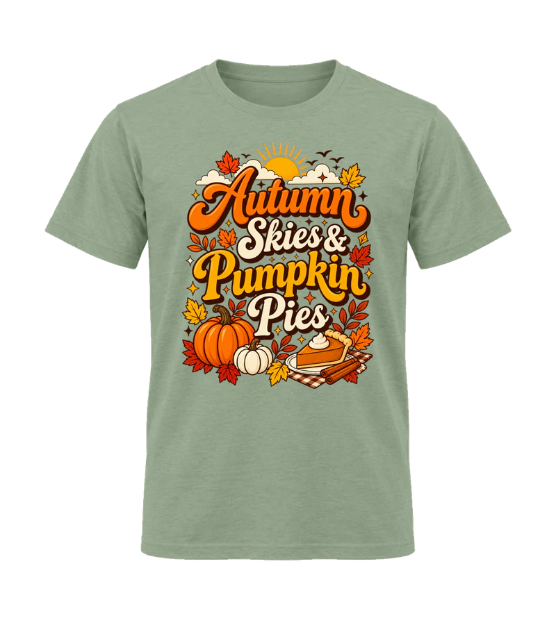 front view of Autumn Skies and Pumpkin Pies on Sage Gildan 64000 Softstyle Shirt