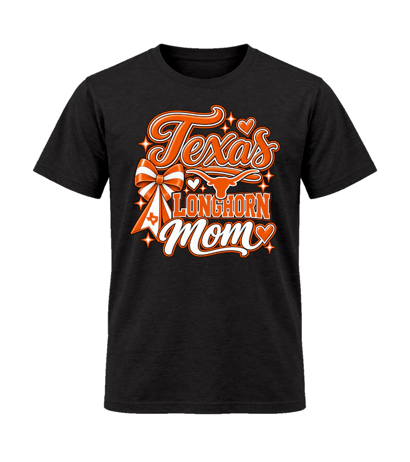 front view of Texas Longhorn Mom on Black Gildan 64000 Softstyle Shirt