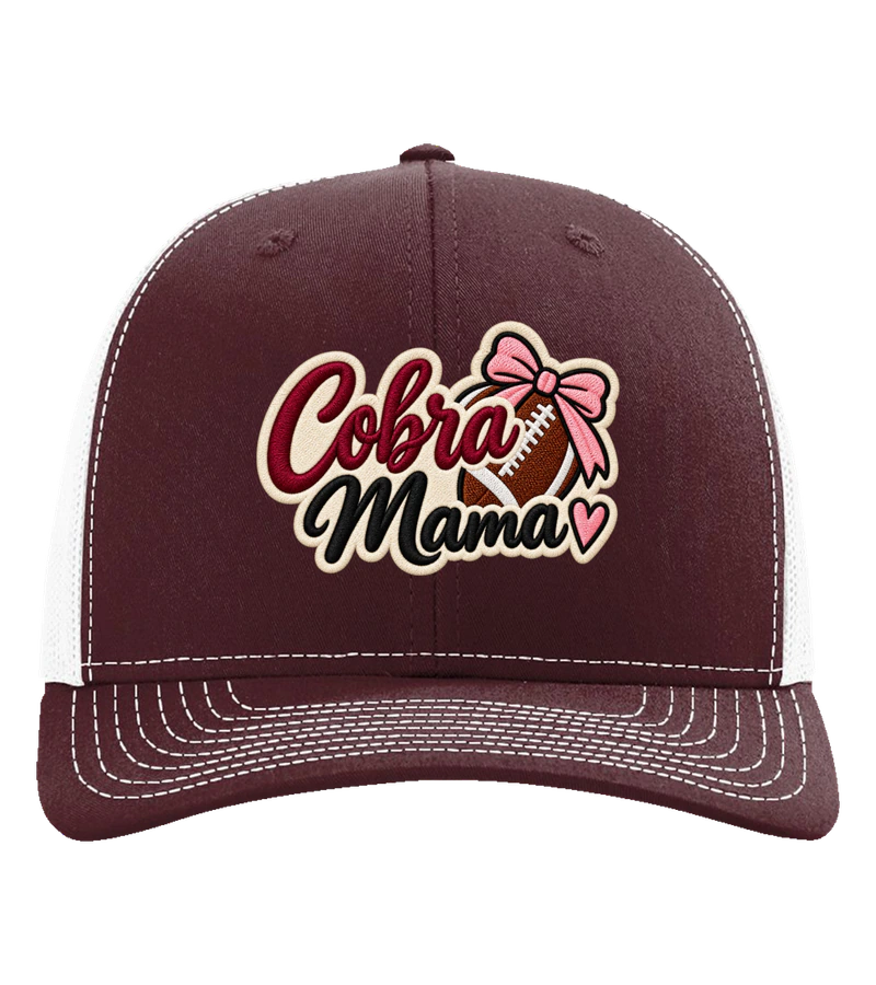 front view of Cobras Mama Hat on Maroon / White Richardson 112 Trucker Hat