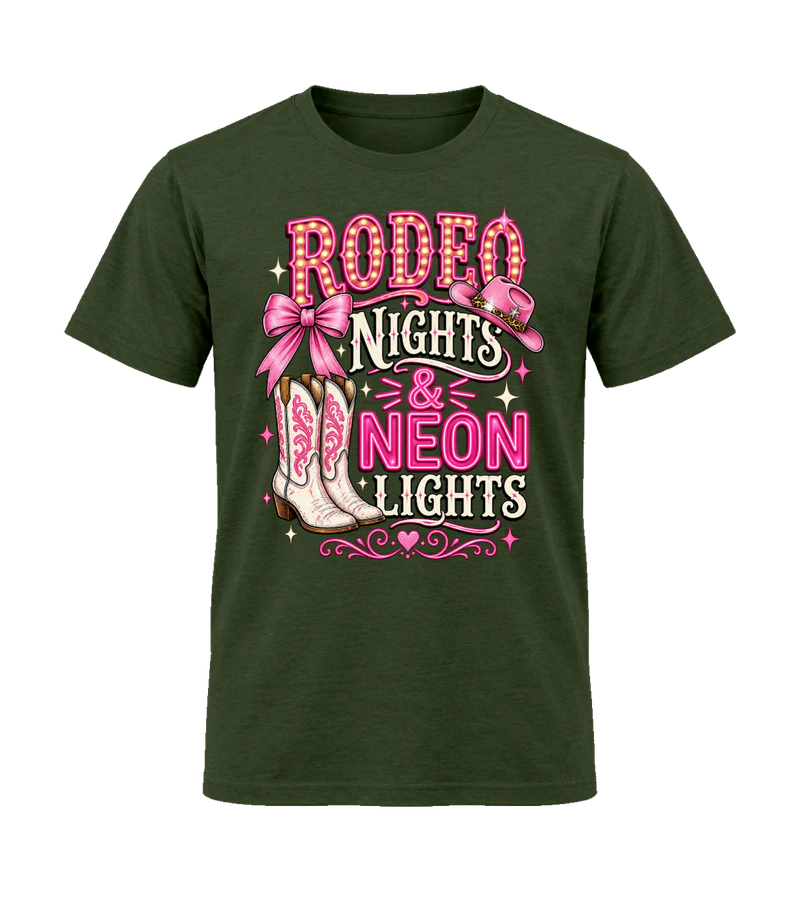 front view of Rodeo Nights & Neon Lights on Military Green Gildan 64000 Softstyle Shirt