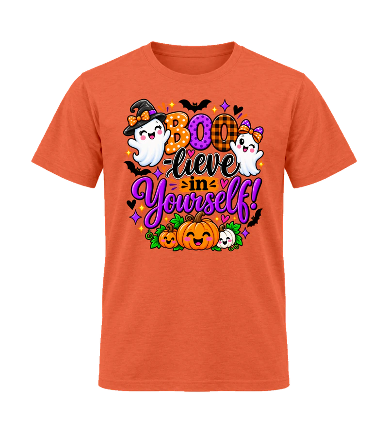 front view of Boo Lieve In Yourself on Orange Gildan 64000 Softstyle Shirt